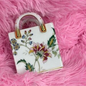 Porcelain Tote Bag Small Bud Vase Floral Gold Trim 4"x3" Shopping Bag/Purse